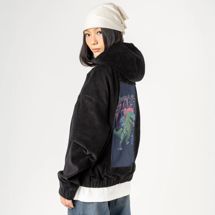 reachingforthestars patch on female retro cord hoodie in onyx