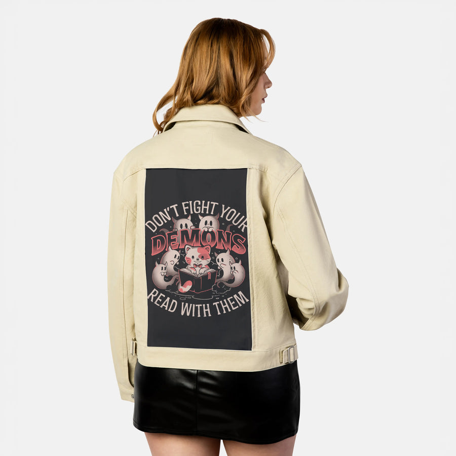 readwithyourdemons patch on female atelier canvas jacket in tan