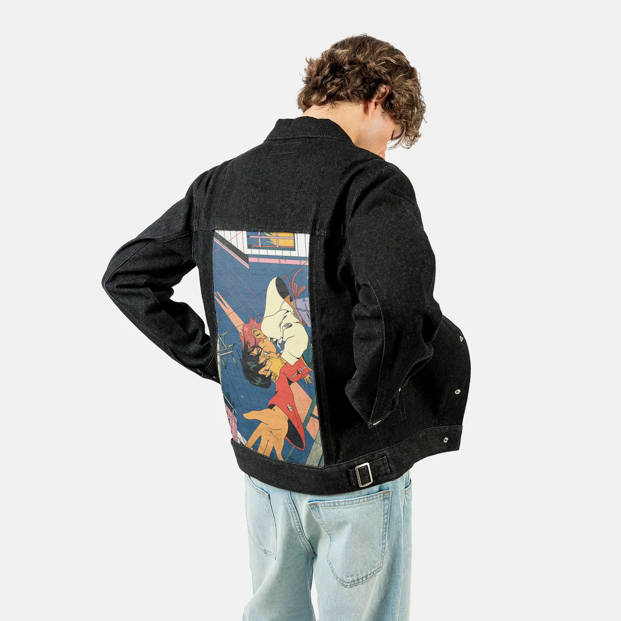 realconnection patch on male og denim jacket in raven