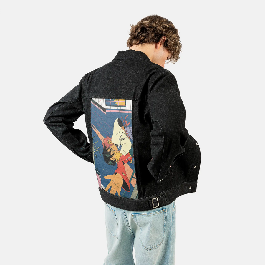 realconnection patch on male og denim jacket in raven