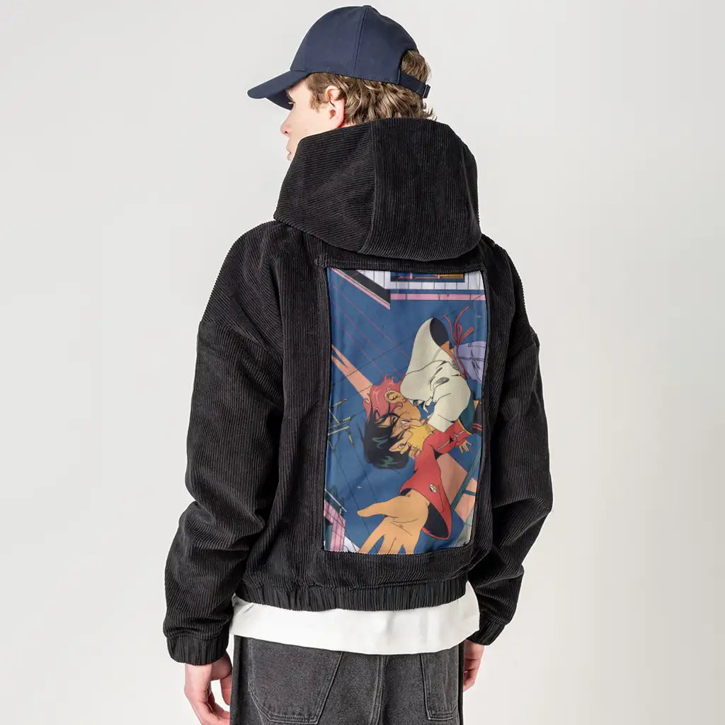realconnection patch on male retro cord hoodie in onyx