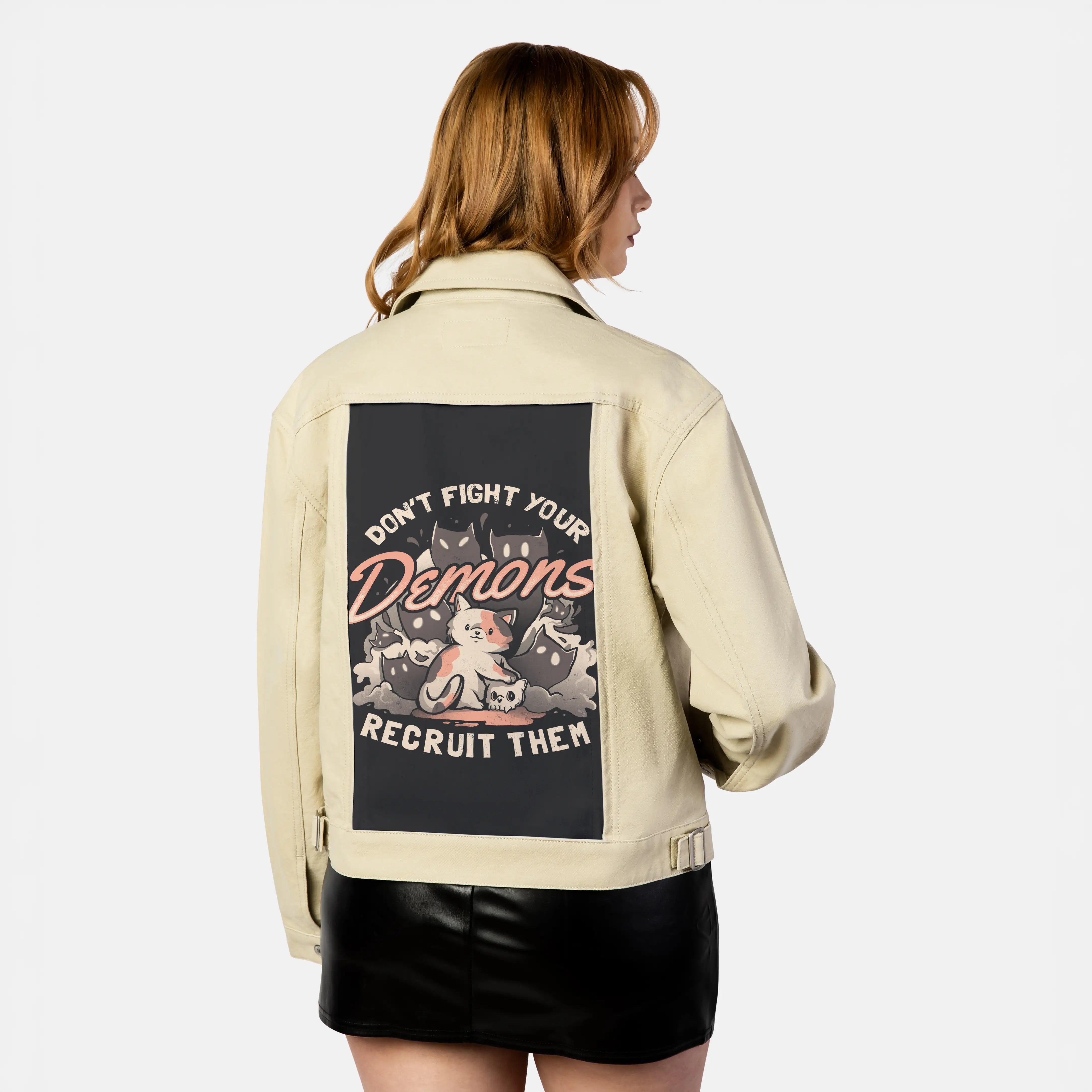 recruityourdemons patch on female atelier canvas jacket in tan