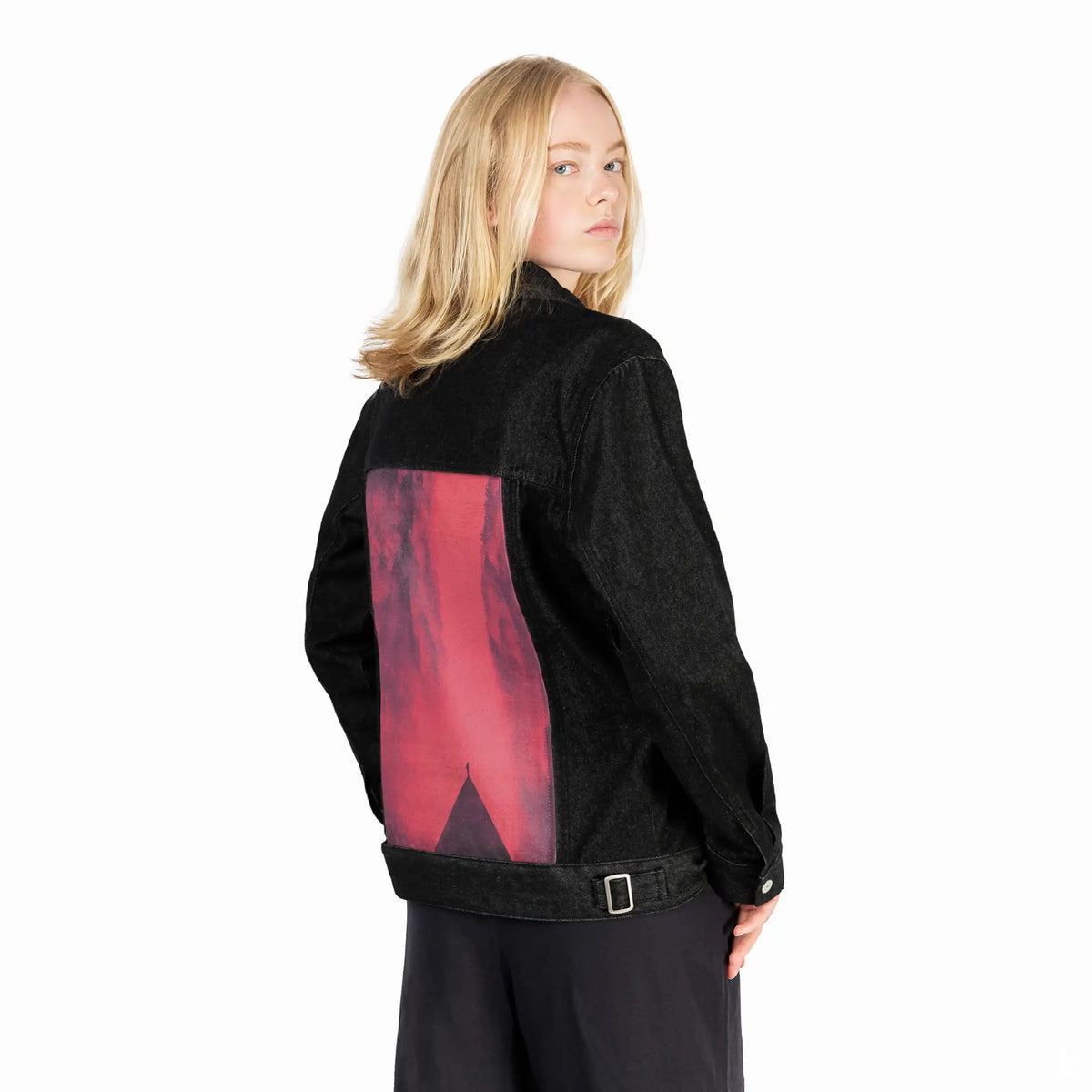reddream patch on female og denim jacket in raven