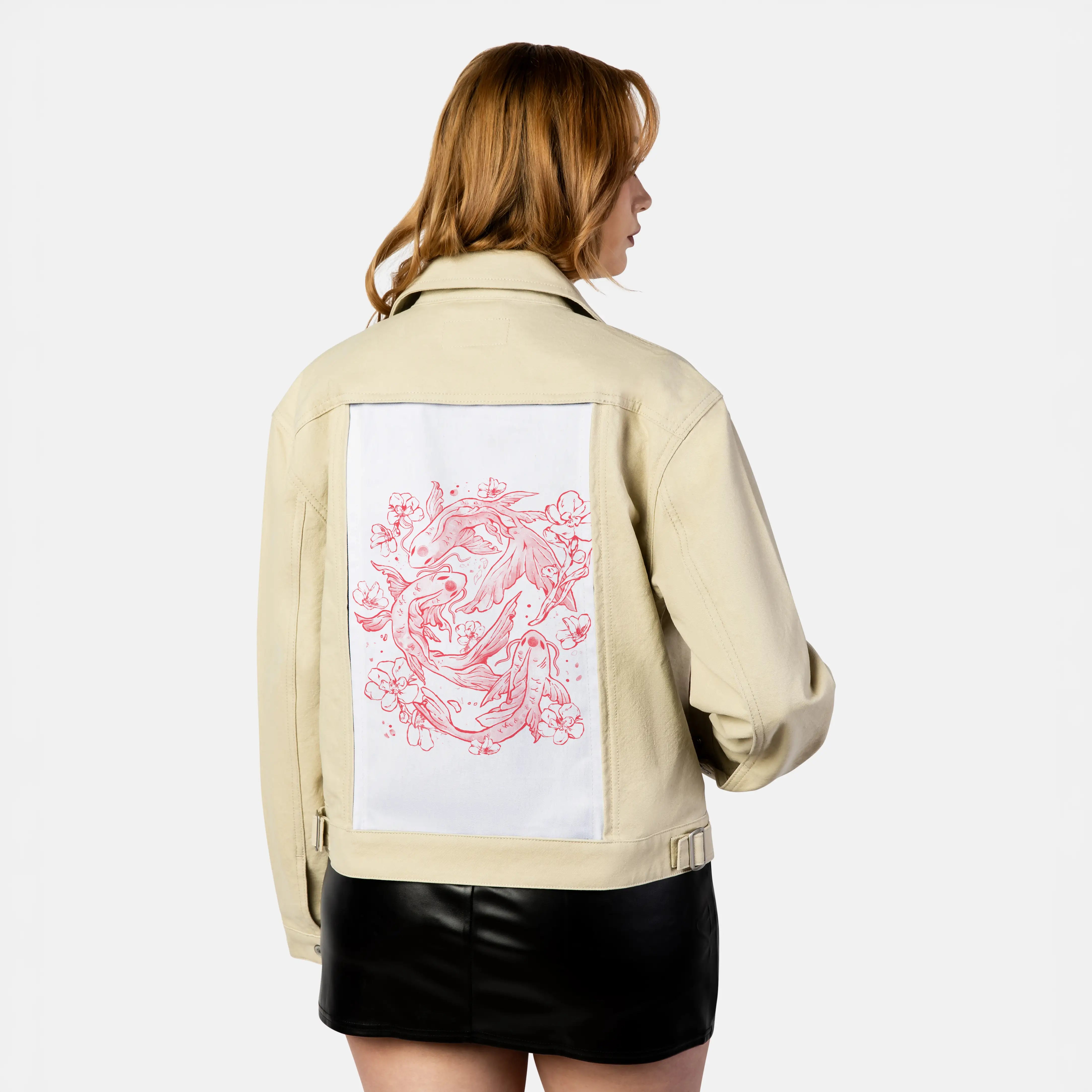 redkoi patch on female atelier canvas jacket in tan