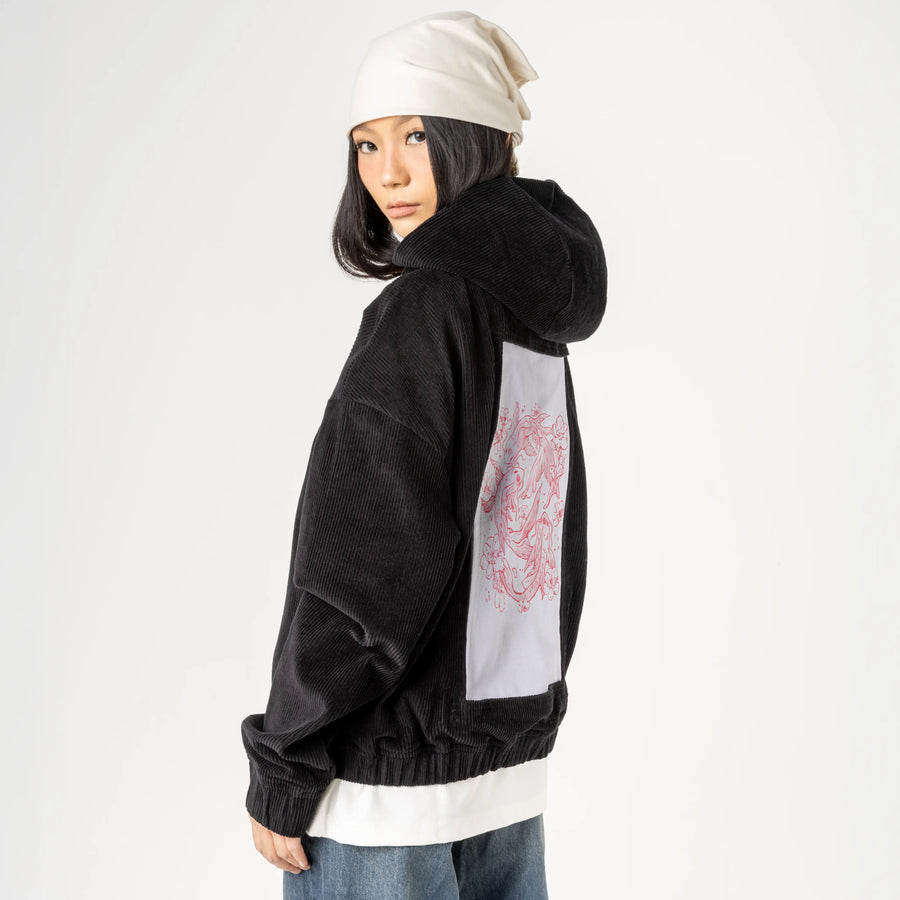 redkoi patch on female retro cord hoodie in onyx