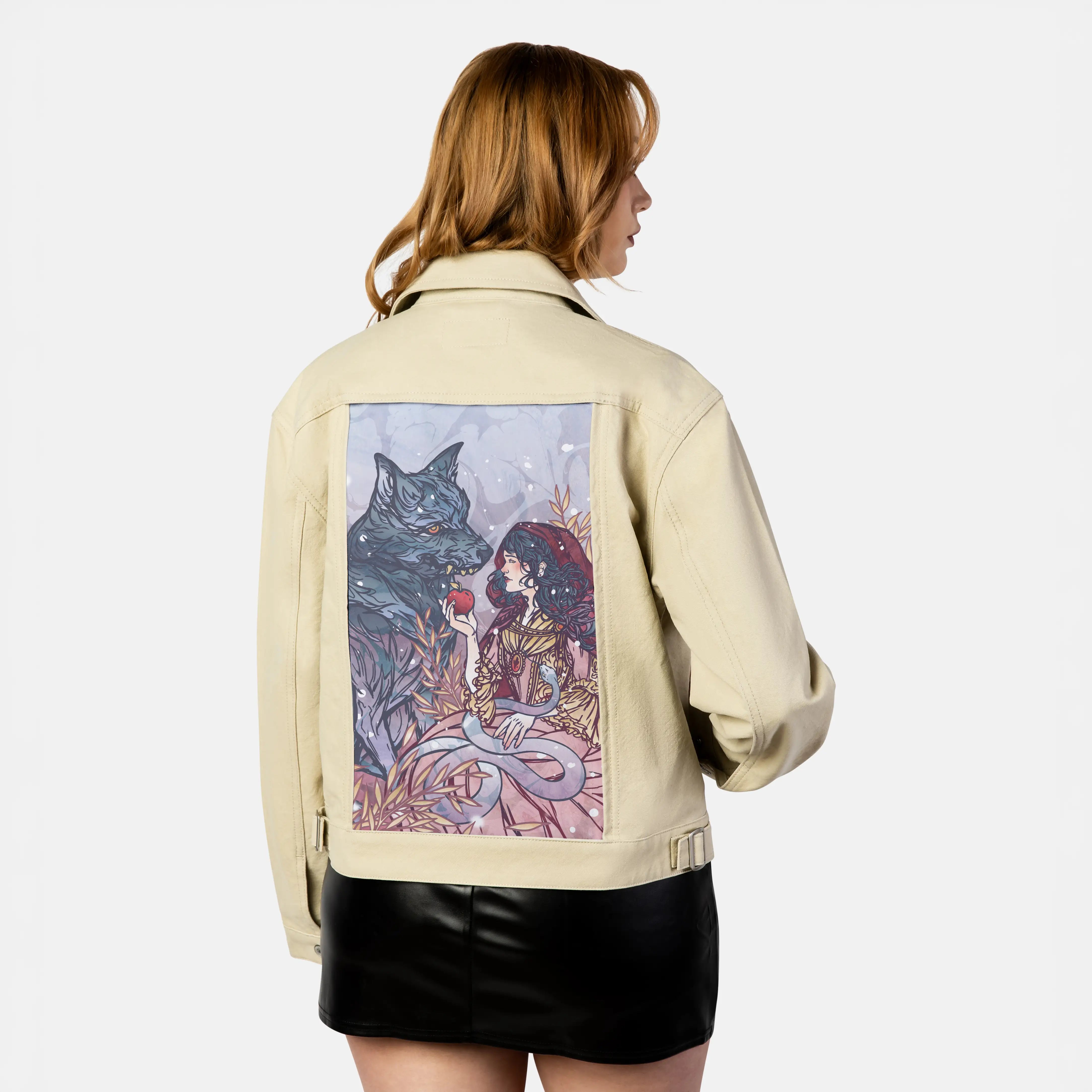 redridinghood patch on female atelier canvas jacket in tan