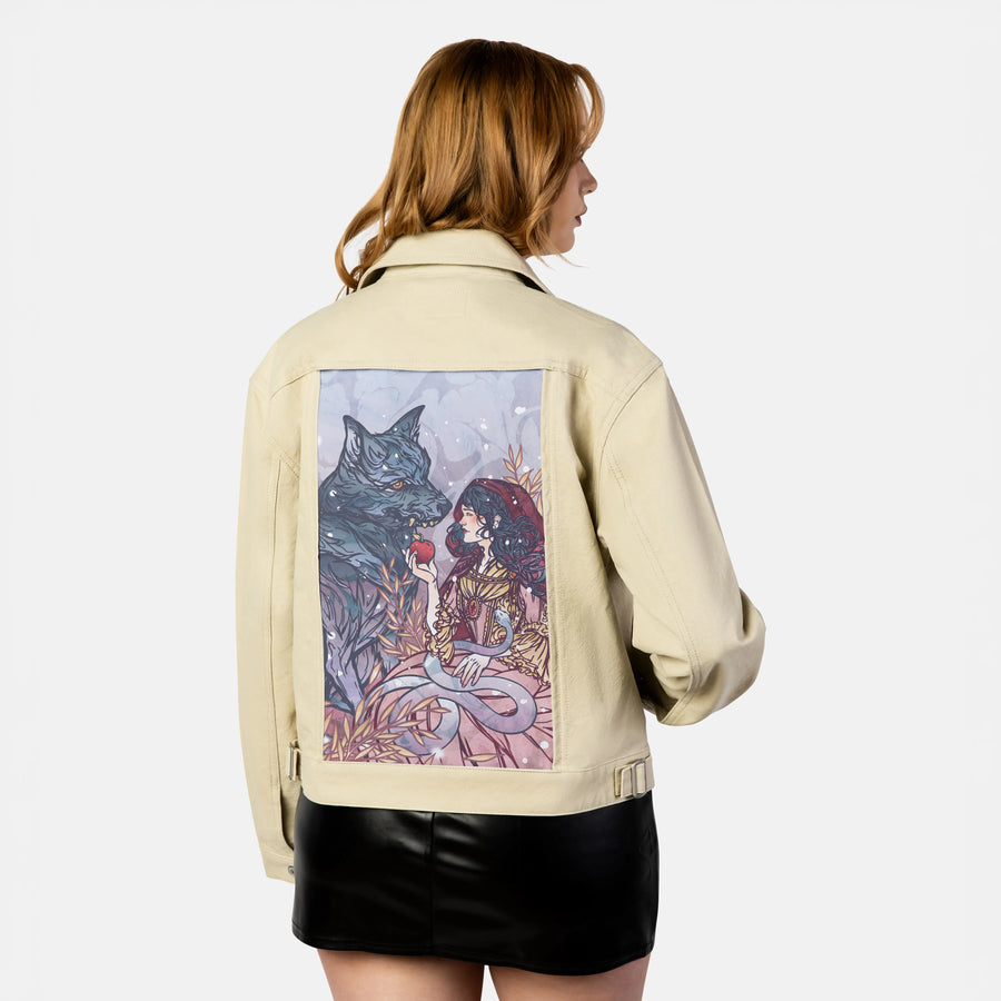 redridinghood patch on female atelier canvas jacket in tan