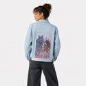 redridinghood patch on female og denim jacket in oceanside
