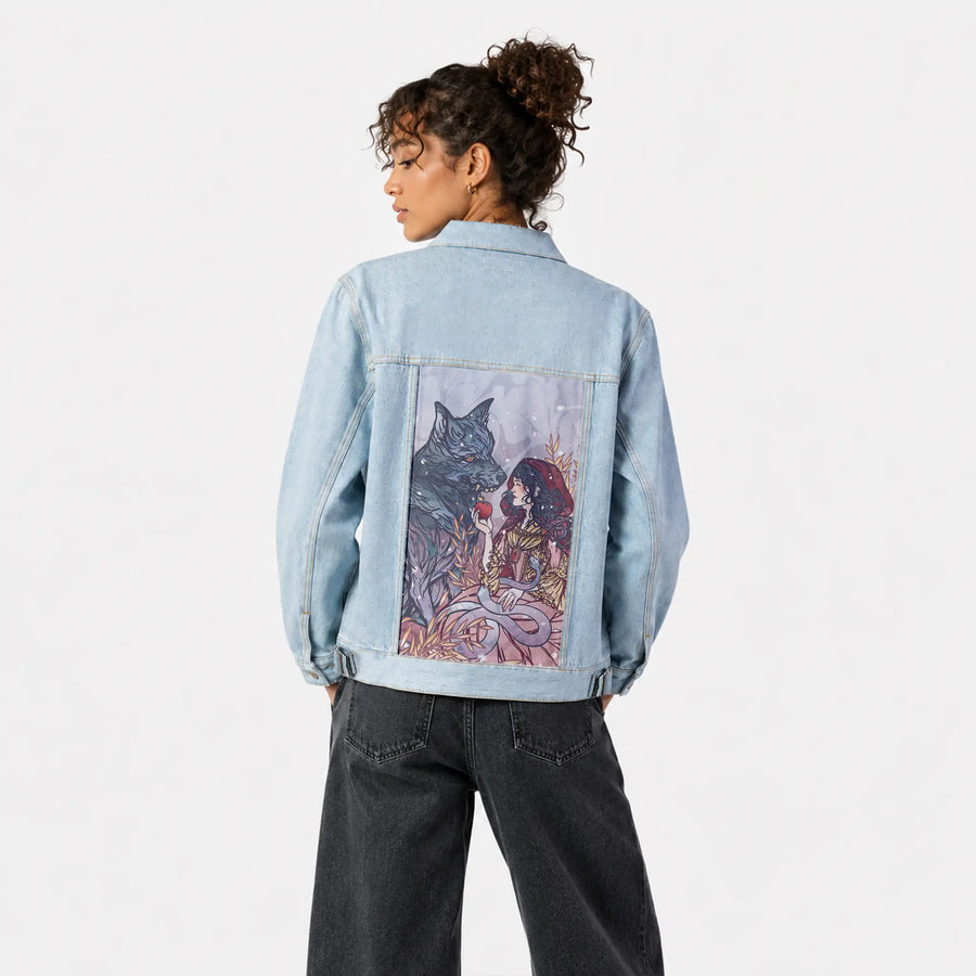 redridinghood patch on female og denim jacket in oceanside