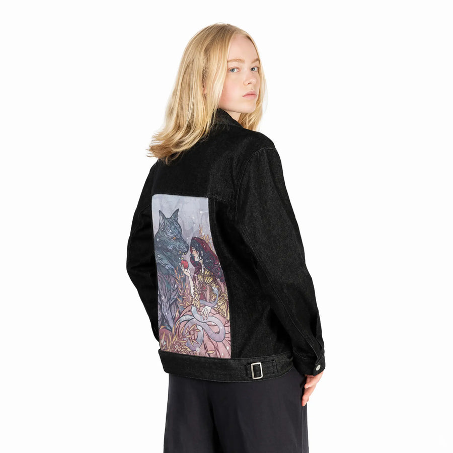 redridinghood patch on female og denim jacket in raven