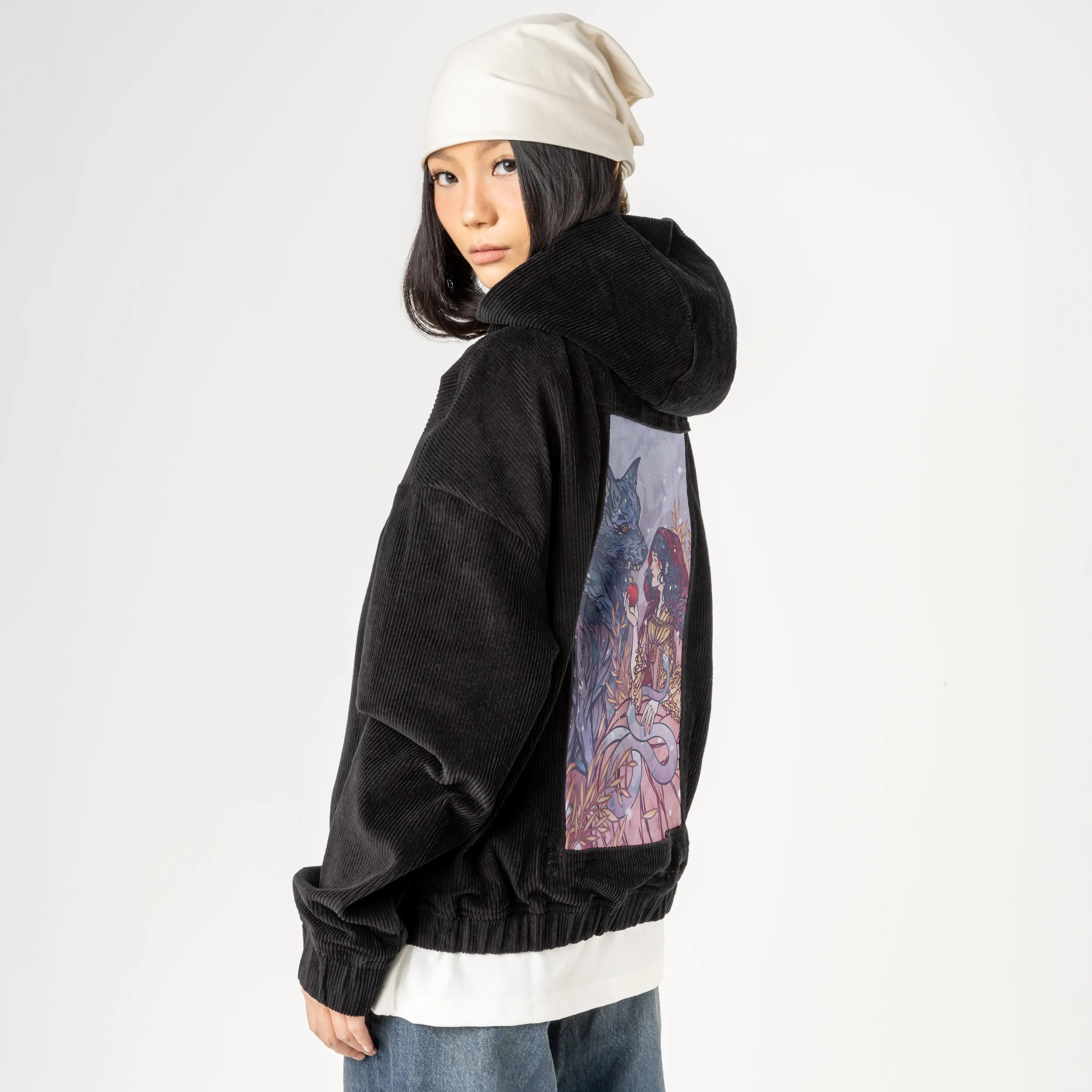 redridinghood patch on female retro cord hoodie in onyx