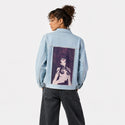 regret patch on female og denim jacket in oceanside