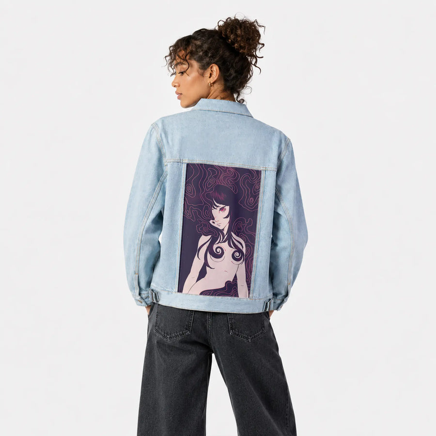 regret patch on female og denim jacket in oceanside