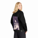 regret patch on female og denim jacket in raven