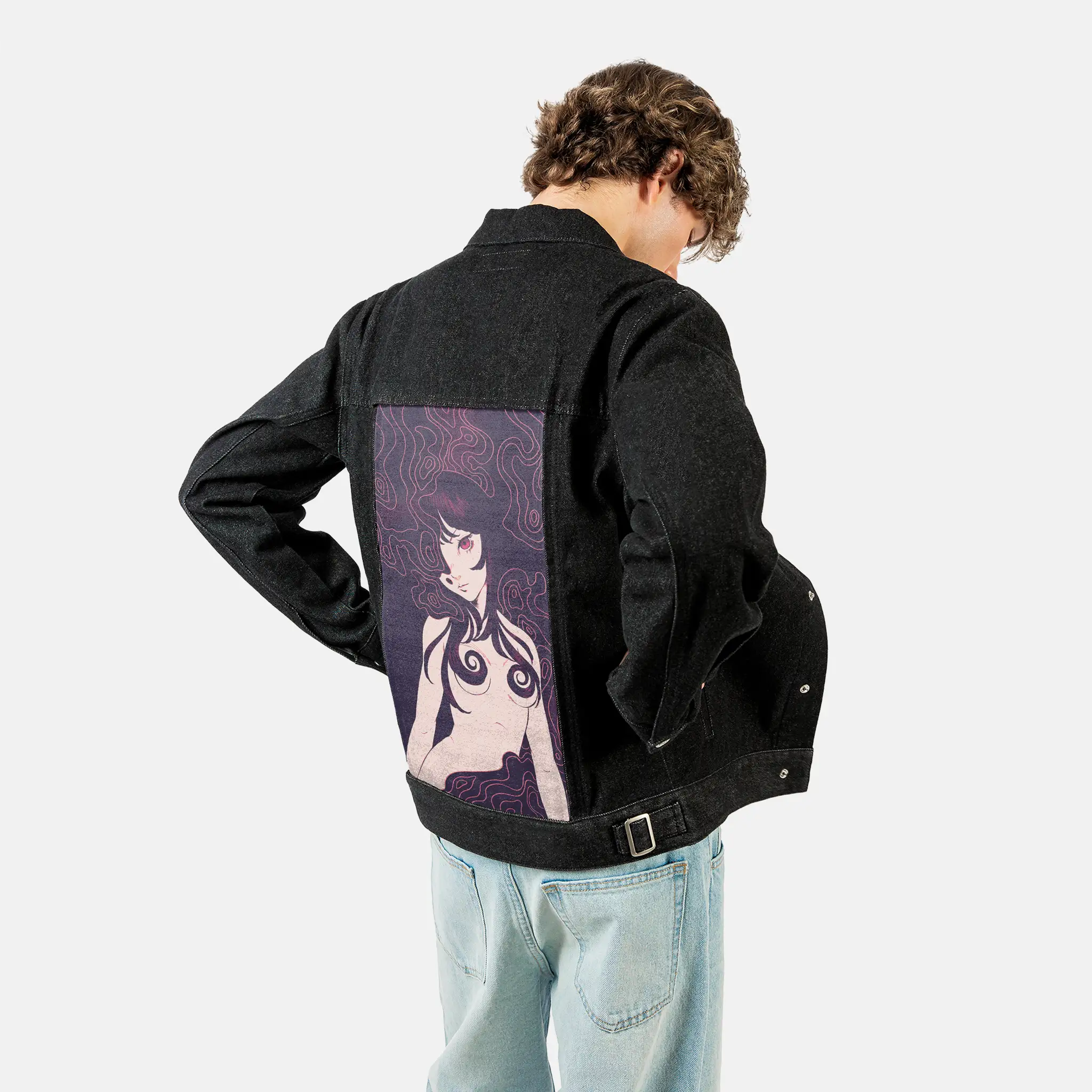 regret patch on male og denim jacket in raven