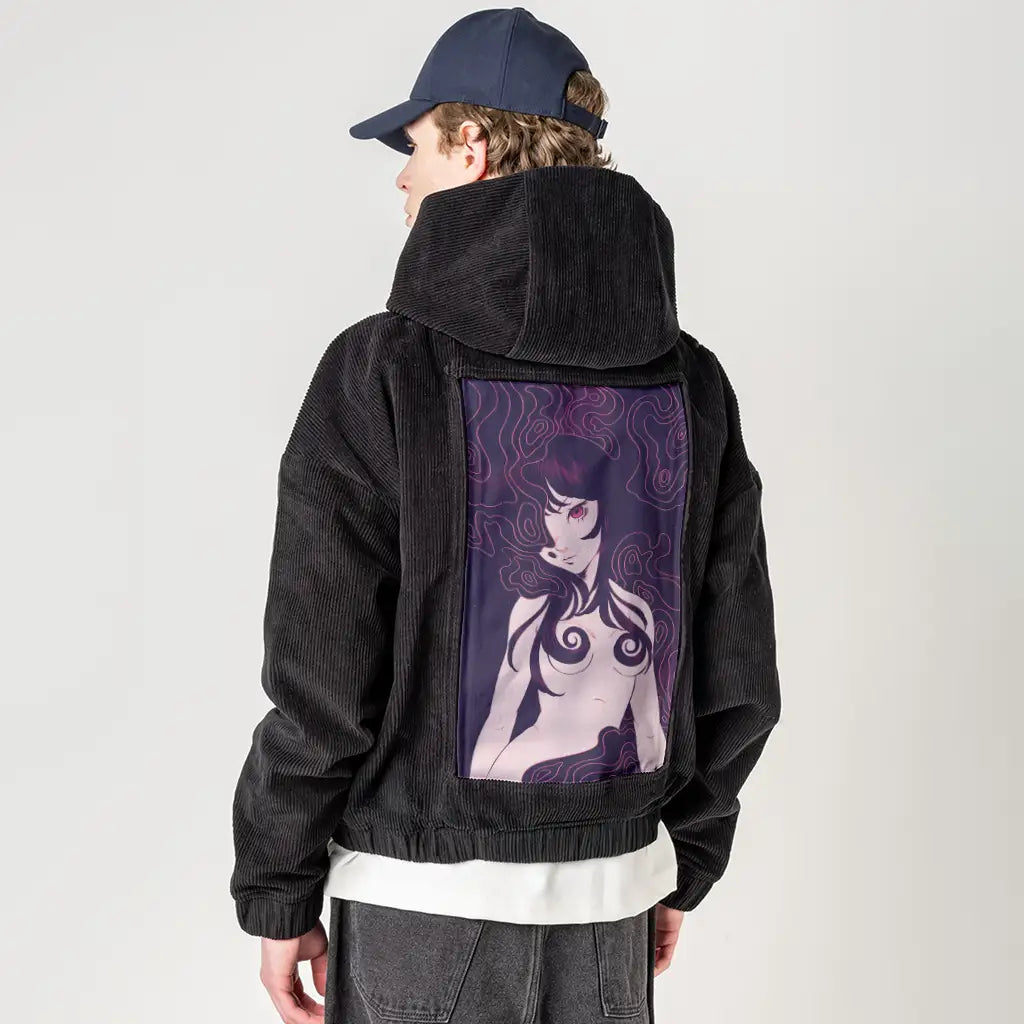 regret patch on male retro cord hoodie in onyx