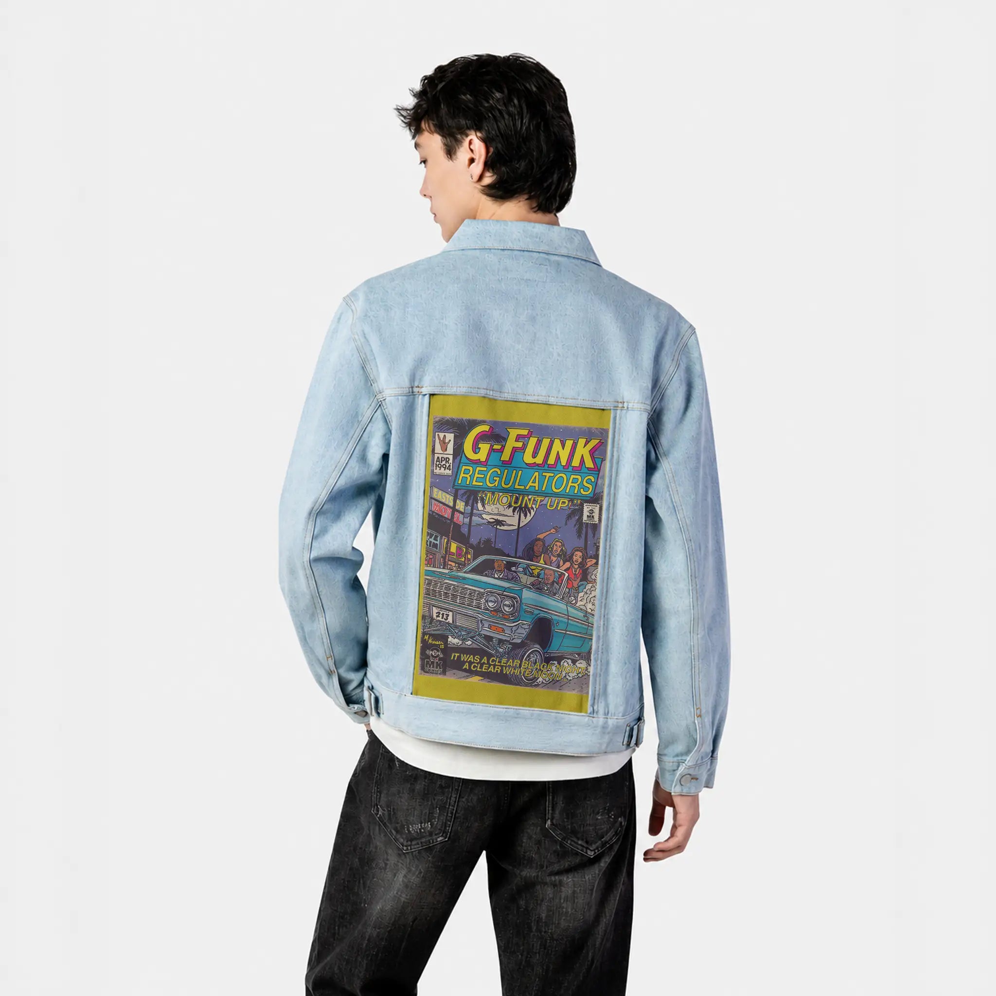 regulate patch on male og denim jacket in oceanside
