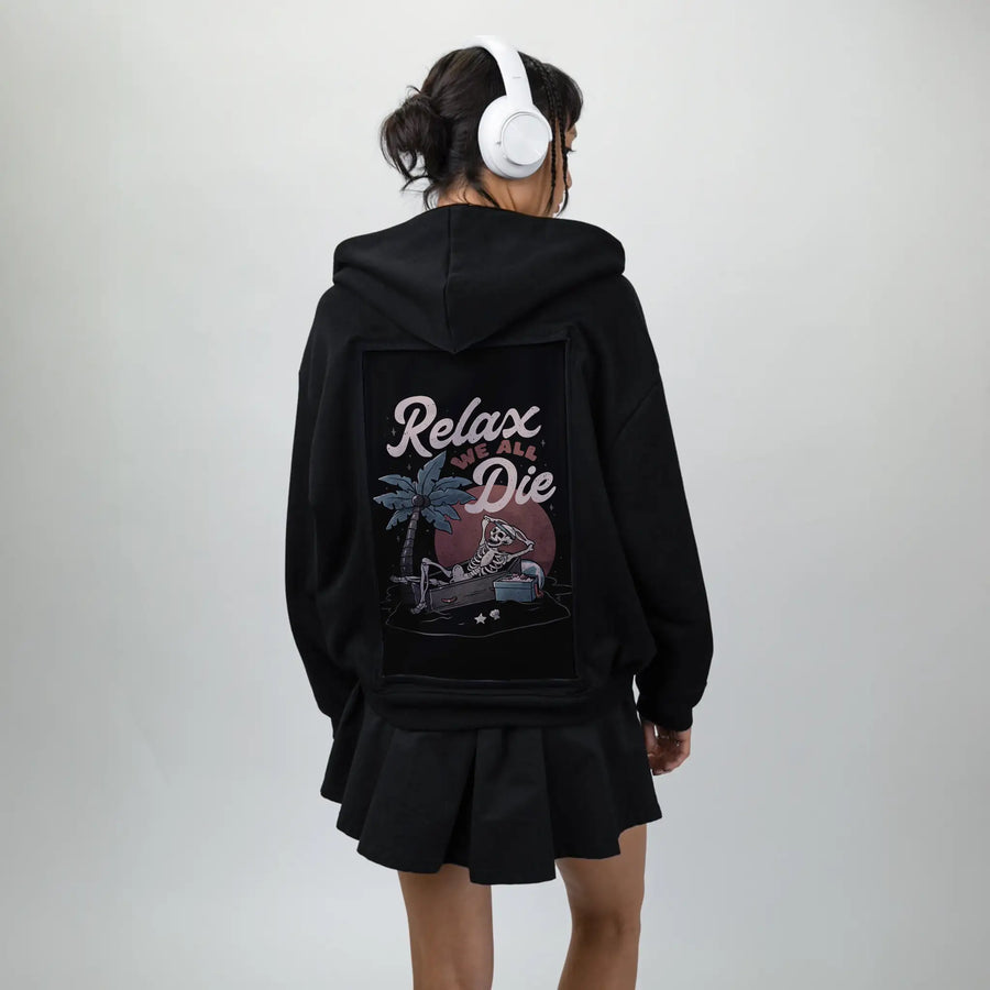 relaxwealldie patch on female essential zip hoodie in after hours