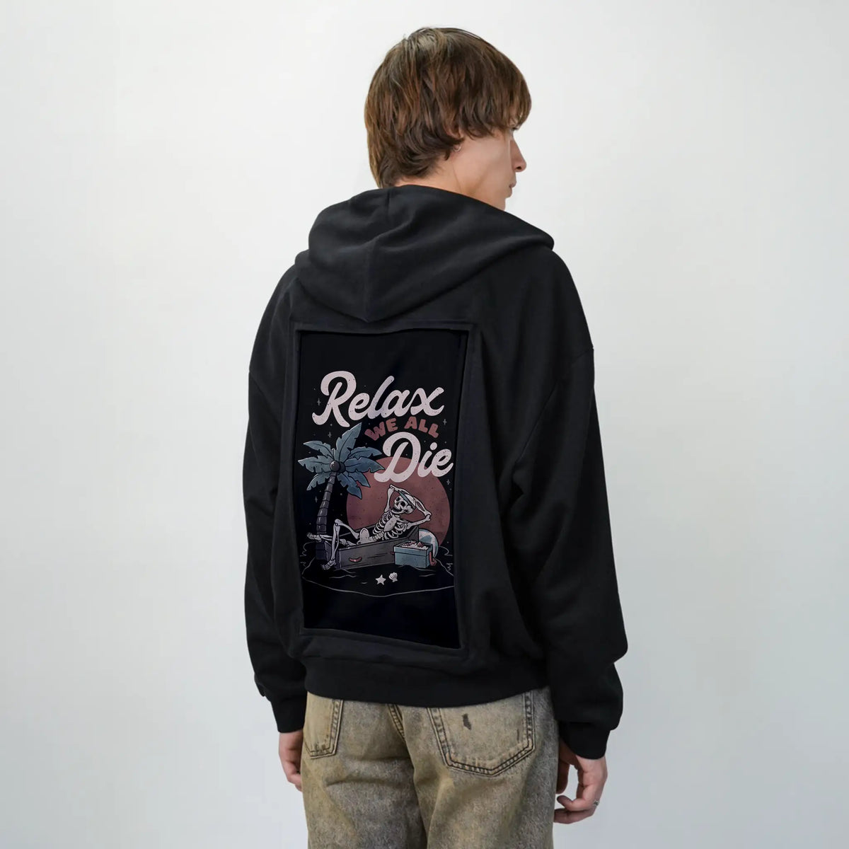 relaxwealldie patch on male essential zip hoodie in after hours