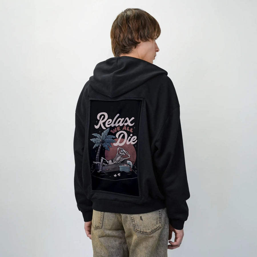 relaxwealldie patch on male essential zip hoodie in after hours