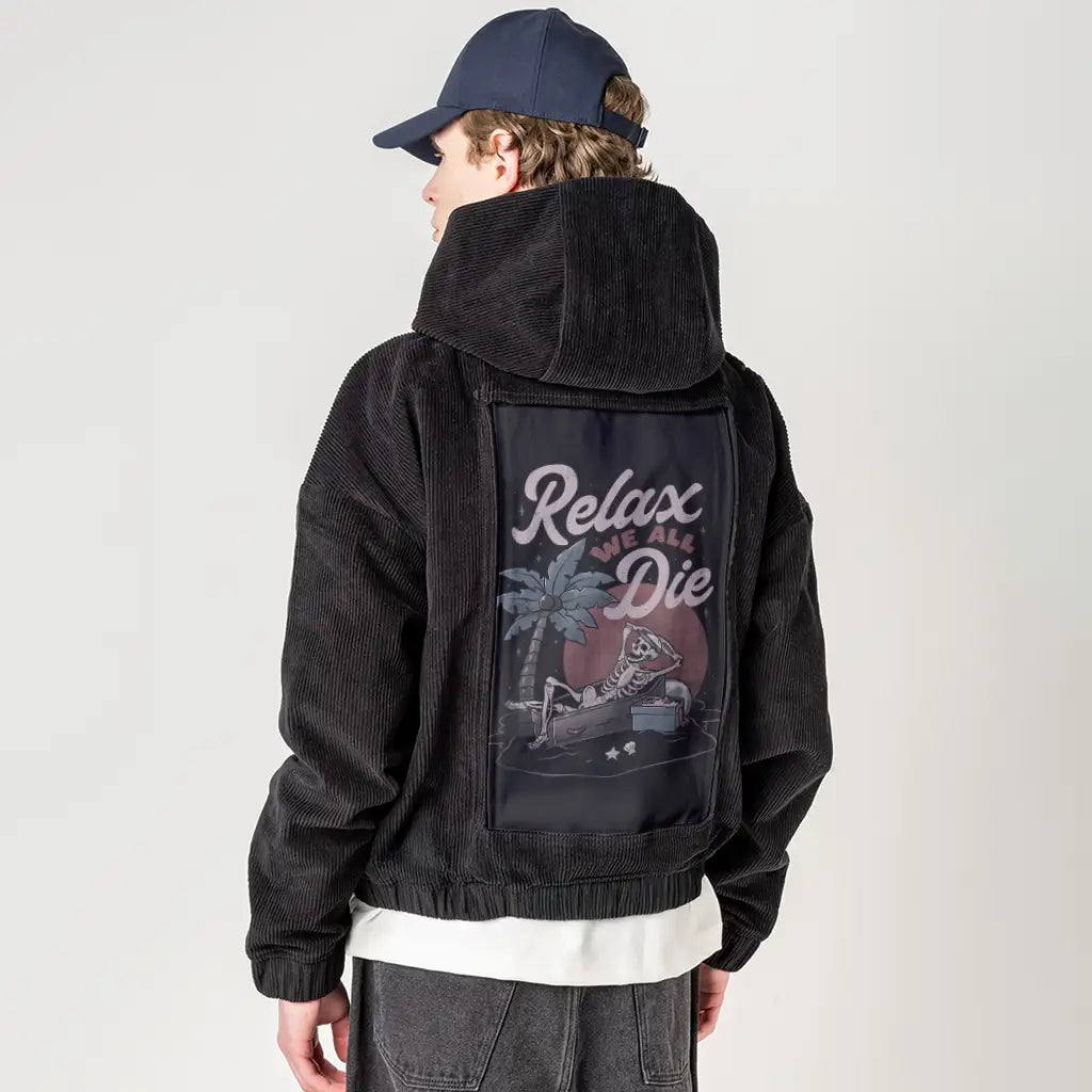 relaxwealldie patch on male retro cord hoodie in onyx