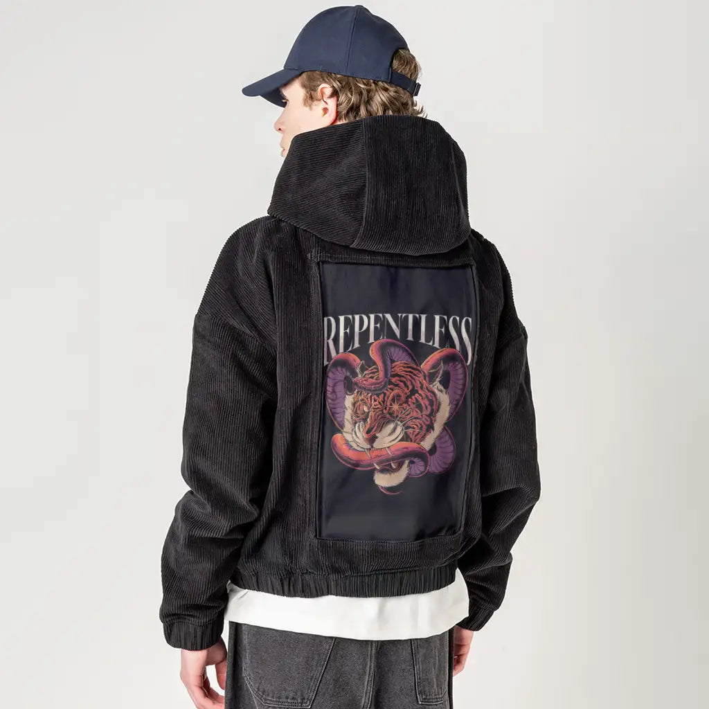 repentless patch on male retro cord hoodie in onyx