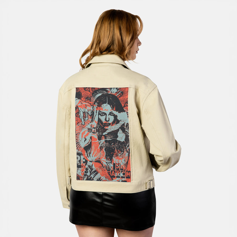 research patch on female atelier canvas jacket in tan