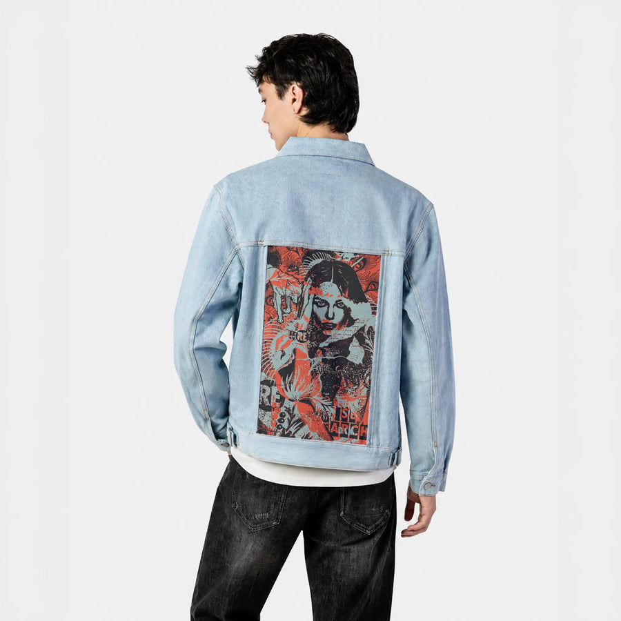 research patch on male og denim jacket in oceanside