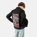 research patch on male og denim jacket in raven