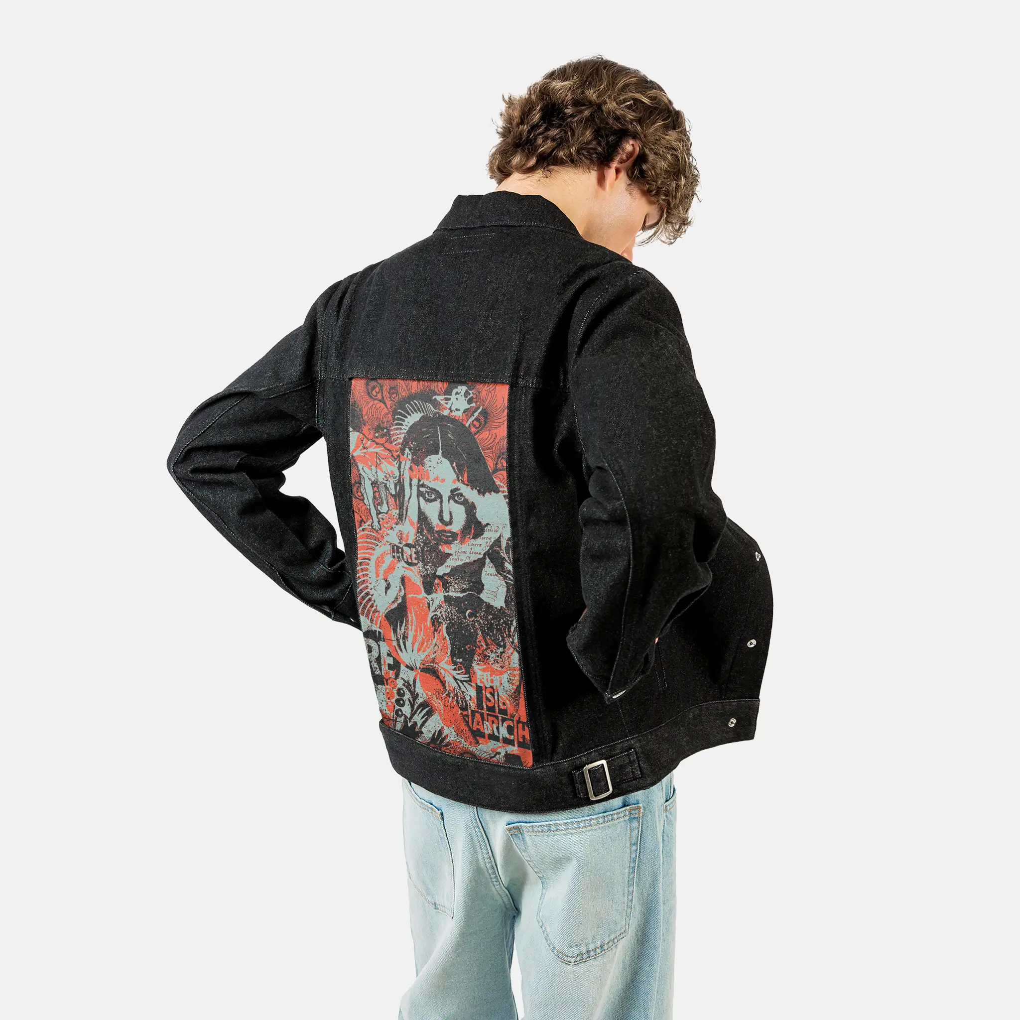 research patch on male og denim jacket in raven
