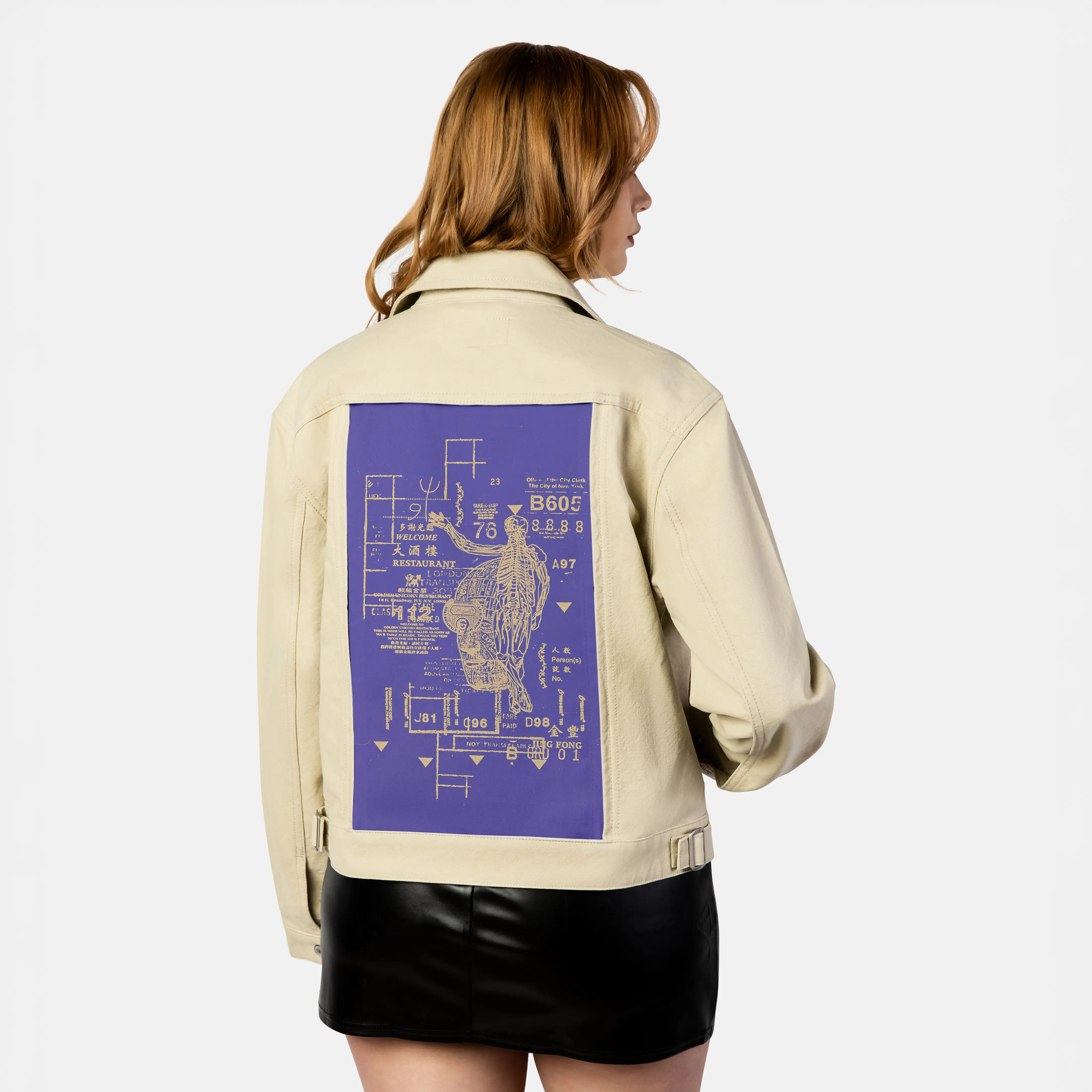 restaurant patch on female atelier canvas jacket in tan