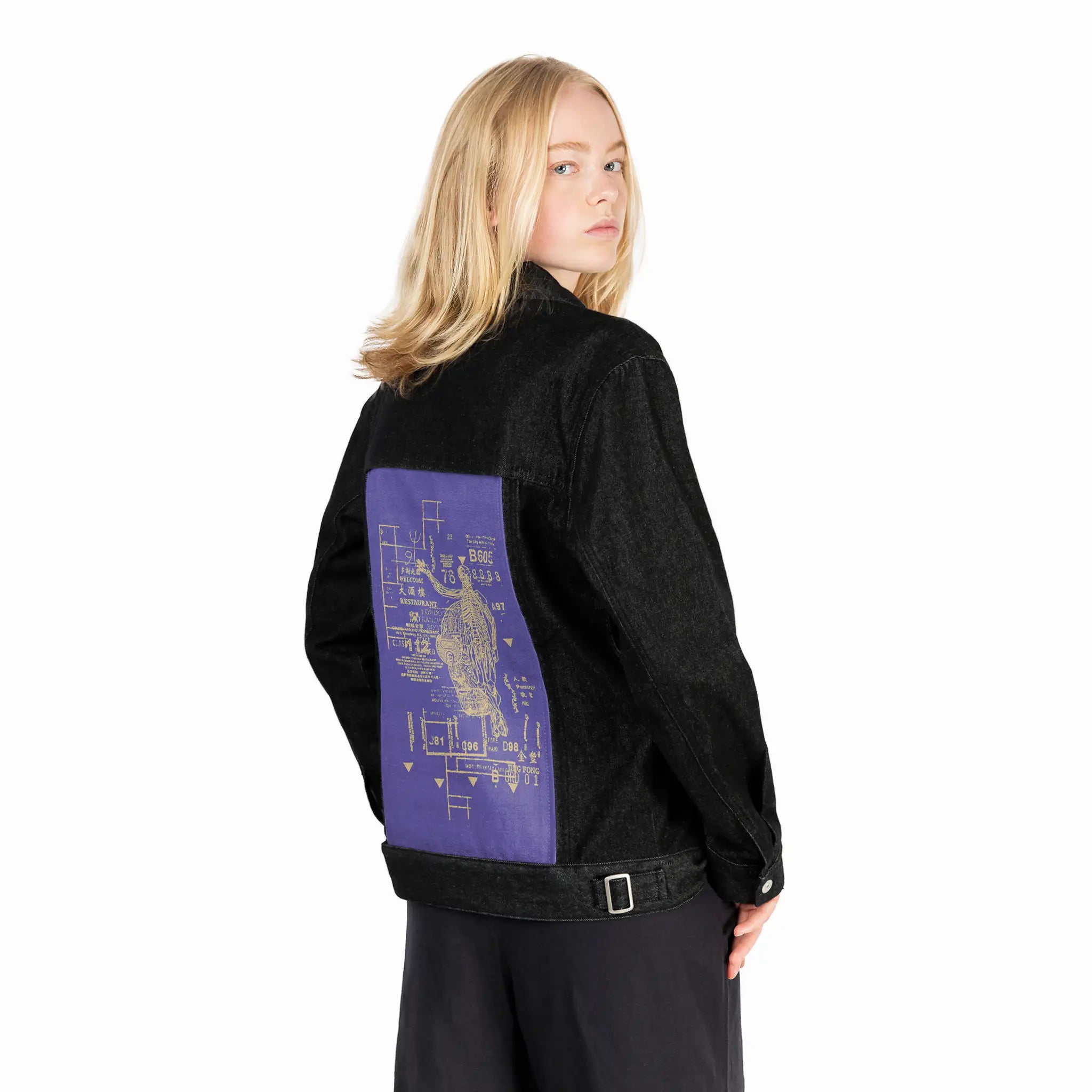 restaurant patch on female og denim jacket in raven