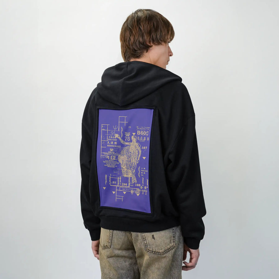 restaurant patch on male essential zip hoodie in after hours