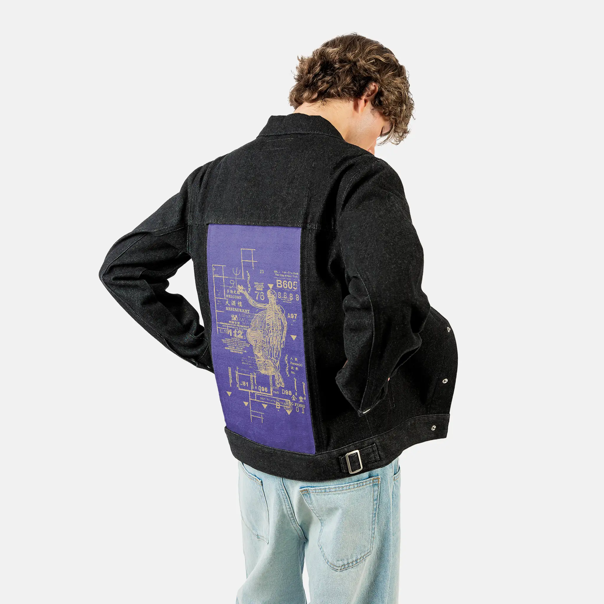 restaurant patch on male og denim jacket in raven