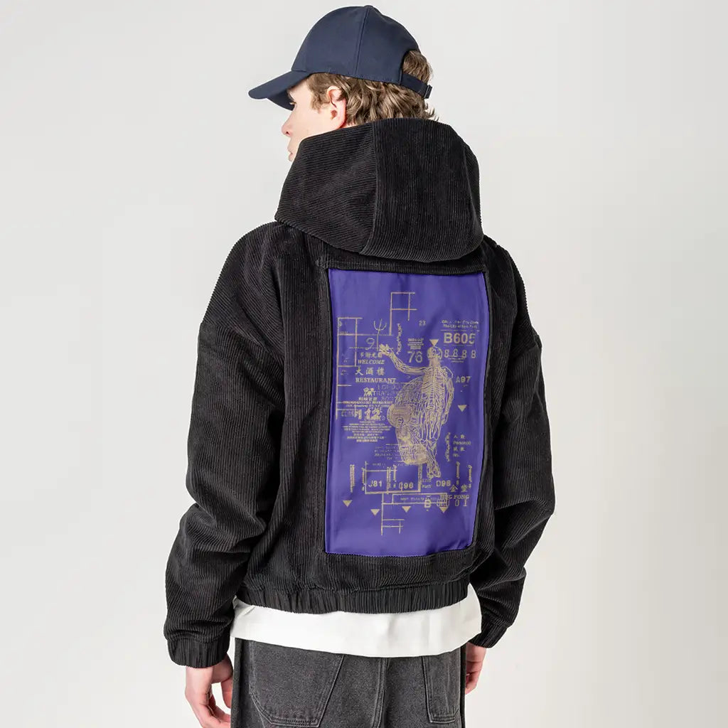 restaurant patch on male retro cord hoodie in onyx