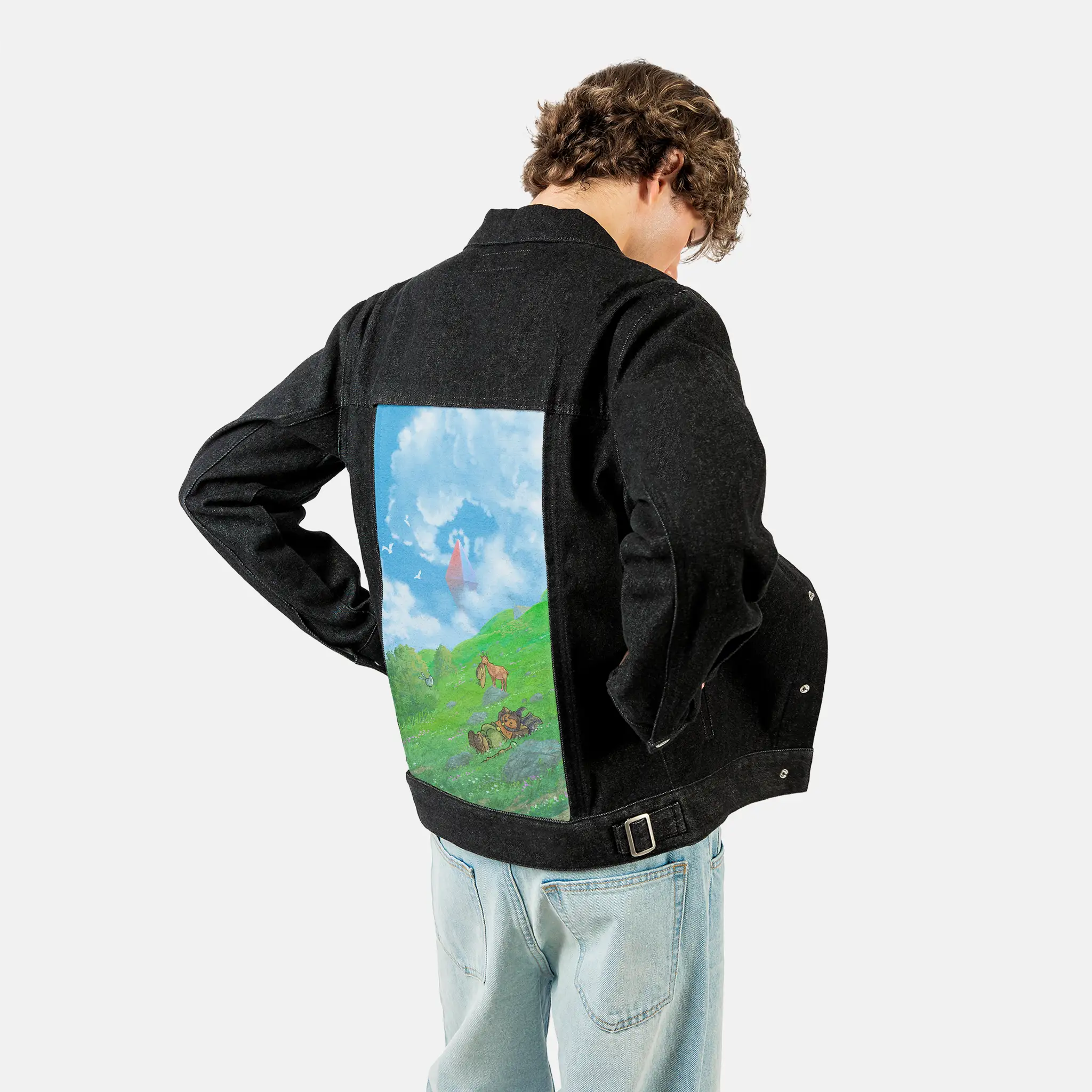 restingonthehill patch on male og denim jacket in raven