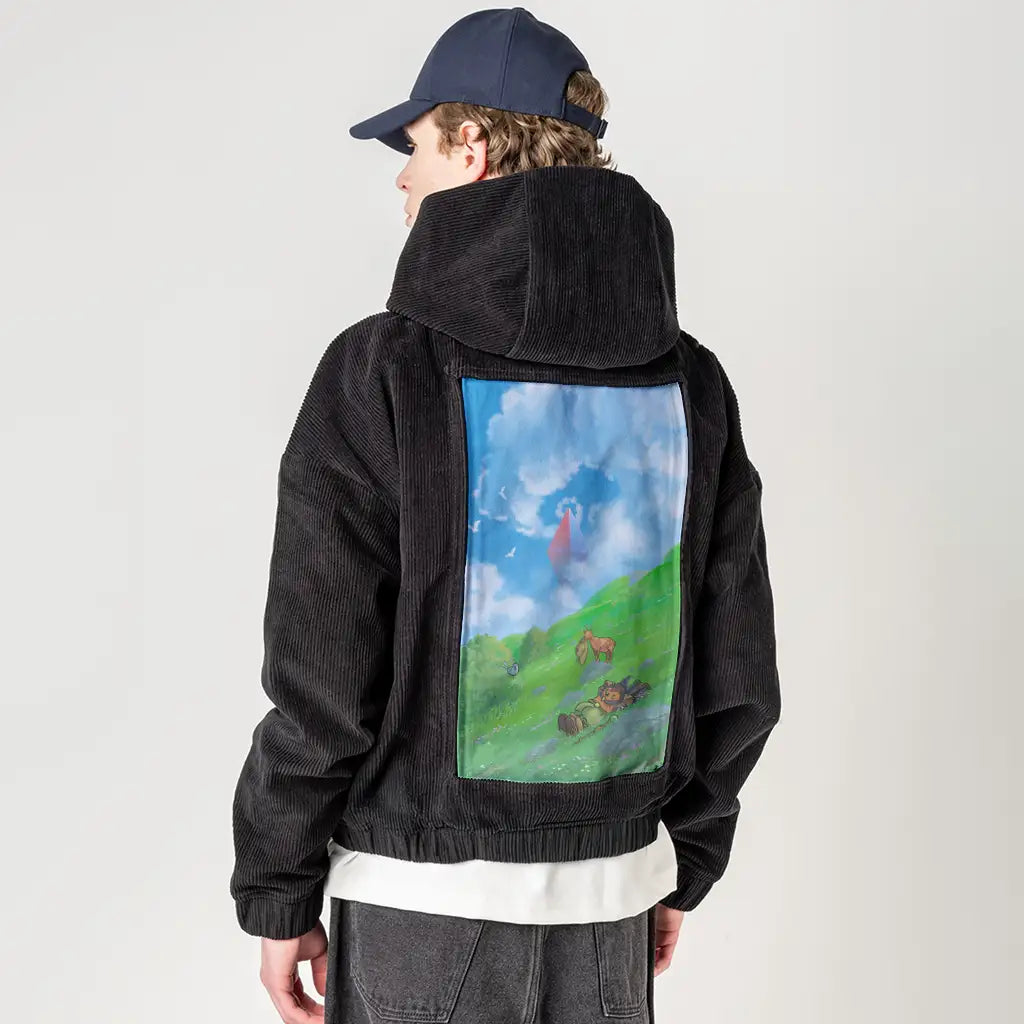 restingonthehill patch on male retro cord hoodie in onyx