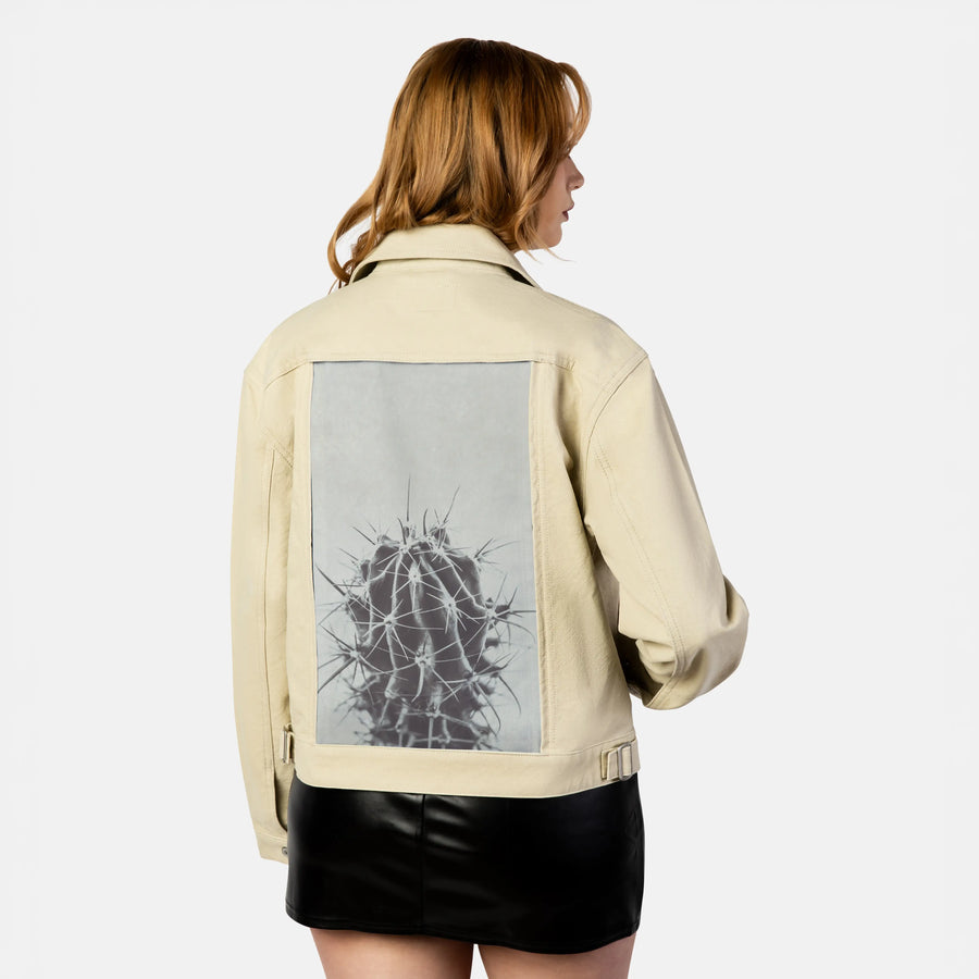 retrocactus patch on female atelier canvas jacket in tan