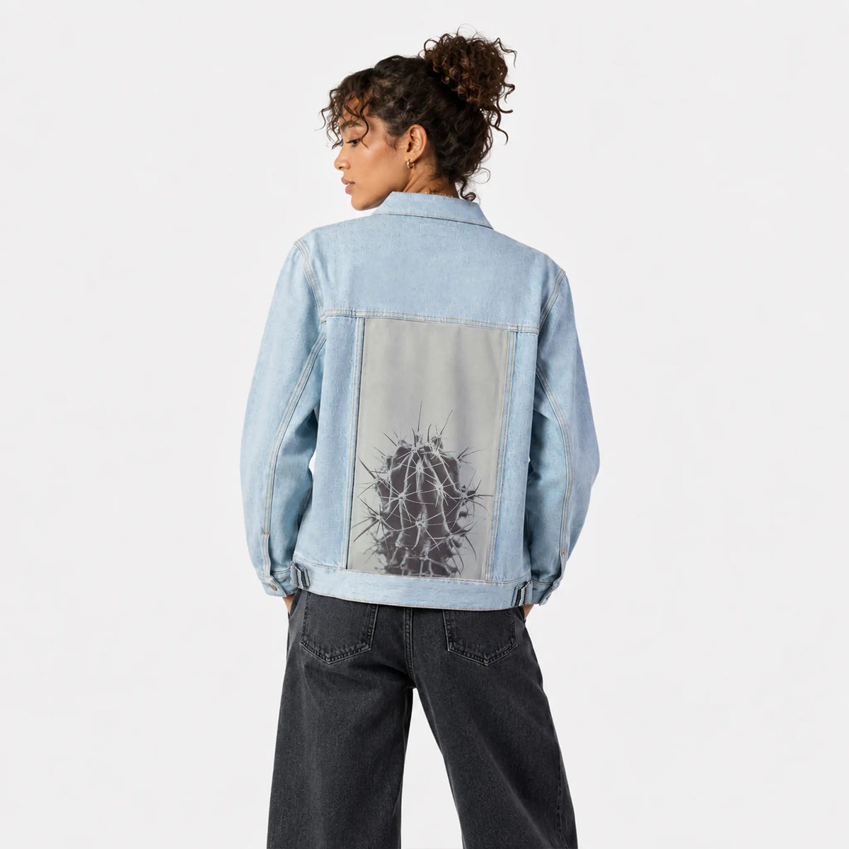 retrocactus patch on female og denim jacket in oceanside