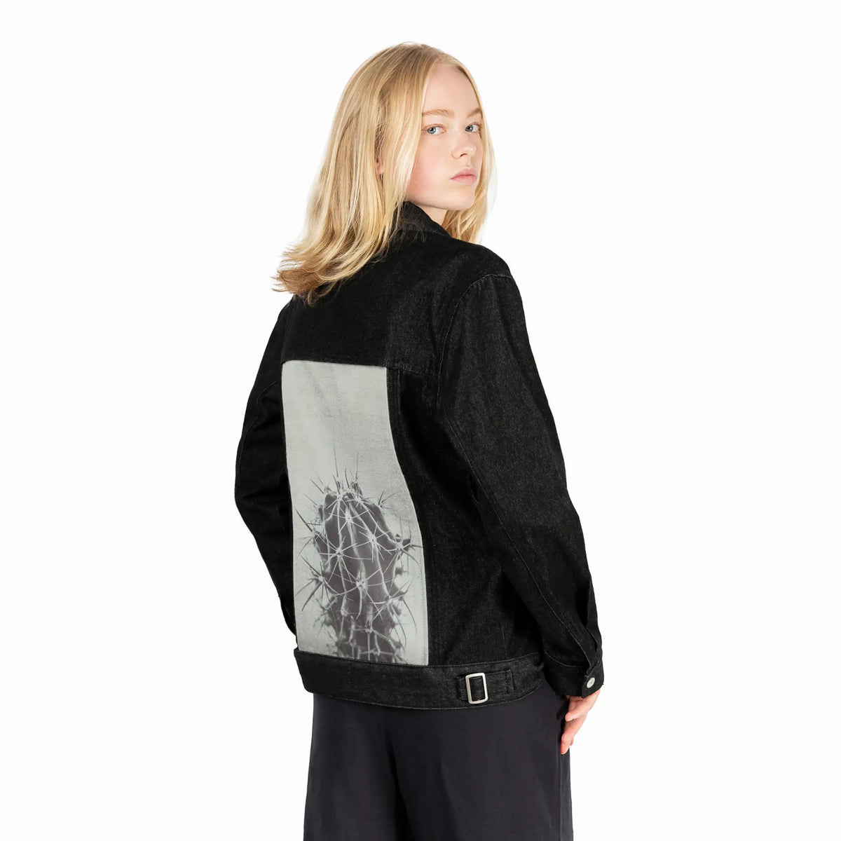 retrocactus patch on female og denim jacket in raven