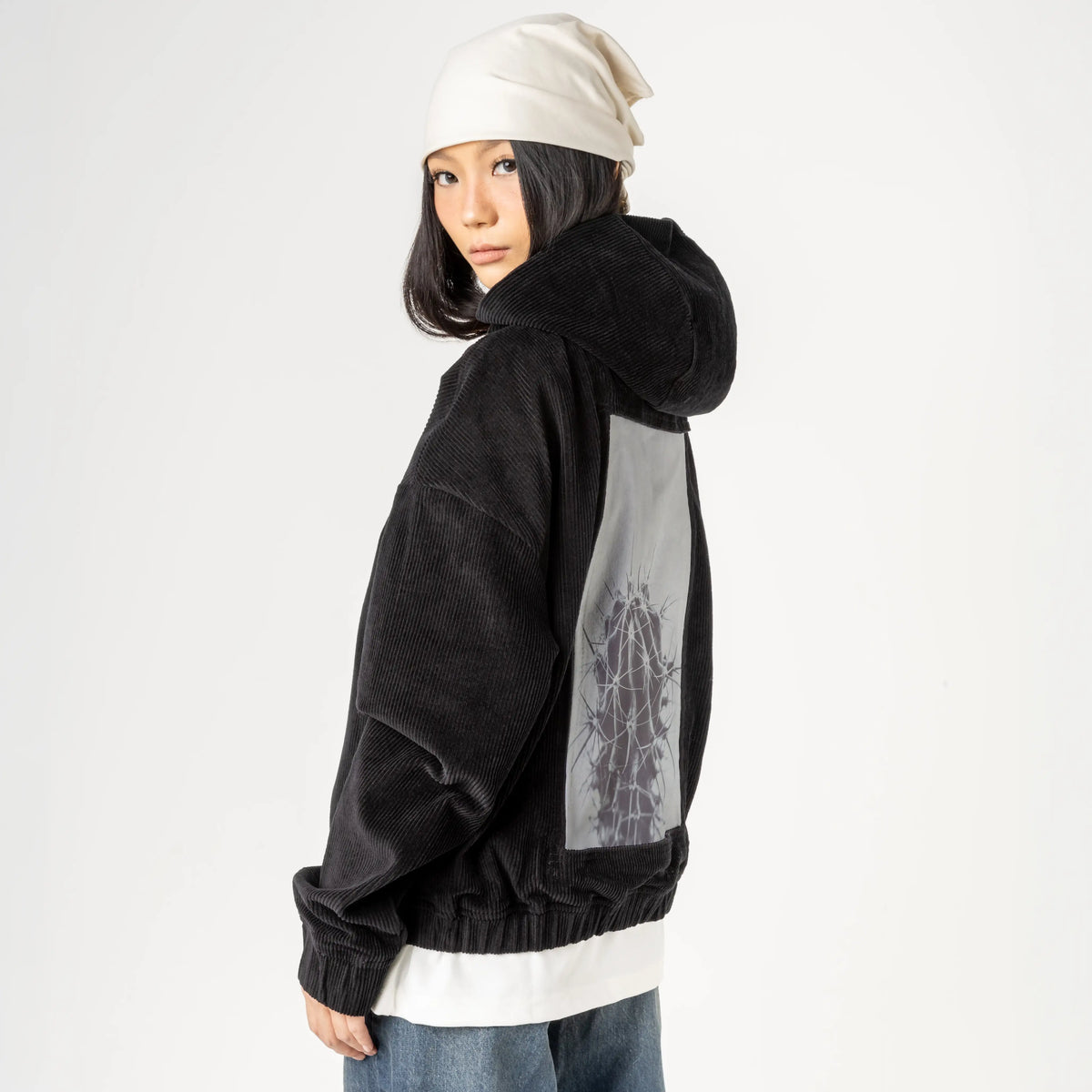 retrocactus patch on female retro cord hoodie in onyx