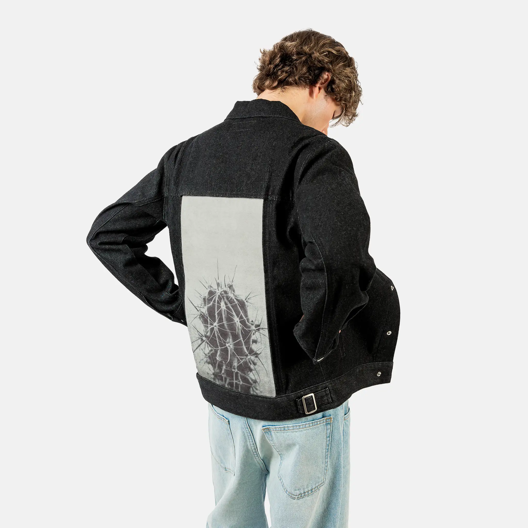 retrocactus patch on male og denim jacket in raven