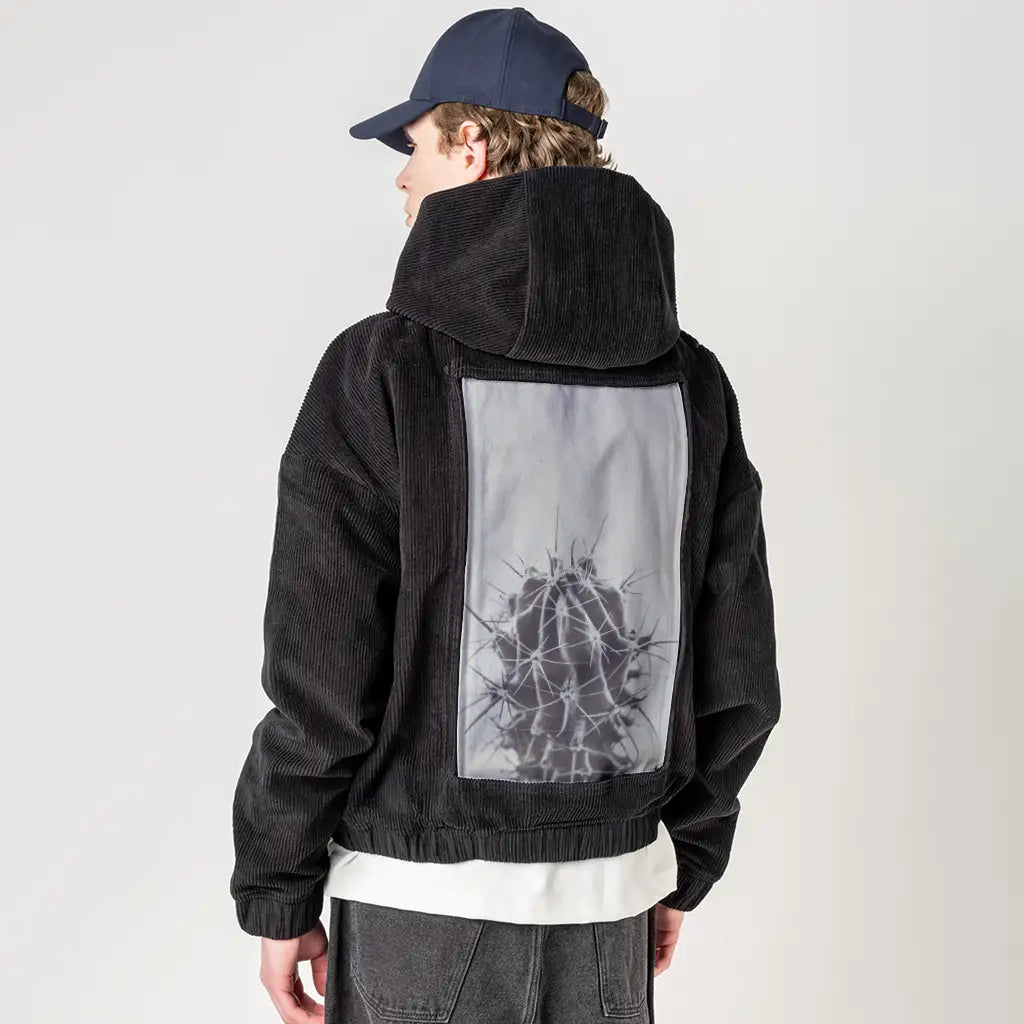 retrocactus patch on male retro cord hoodie in onyx