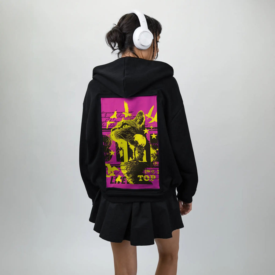 retrocat patch on female essential zip hoodie in after hours