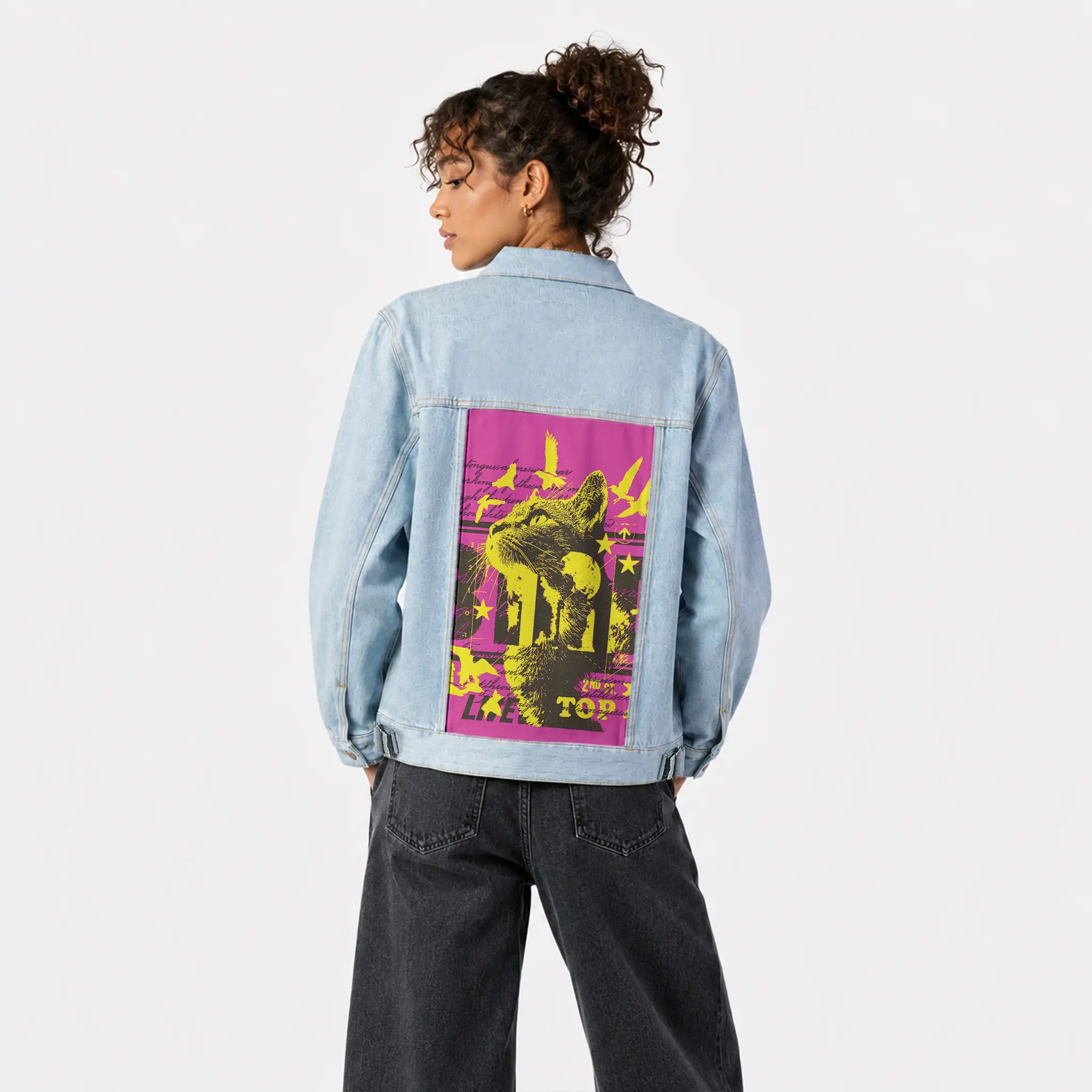 retrocat patch on female og denim jacket in oceanside