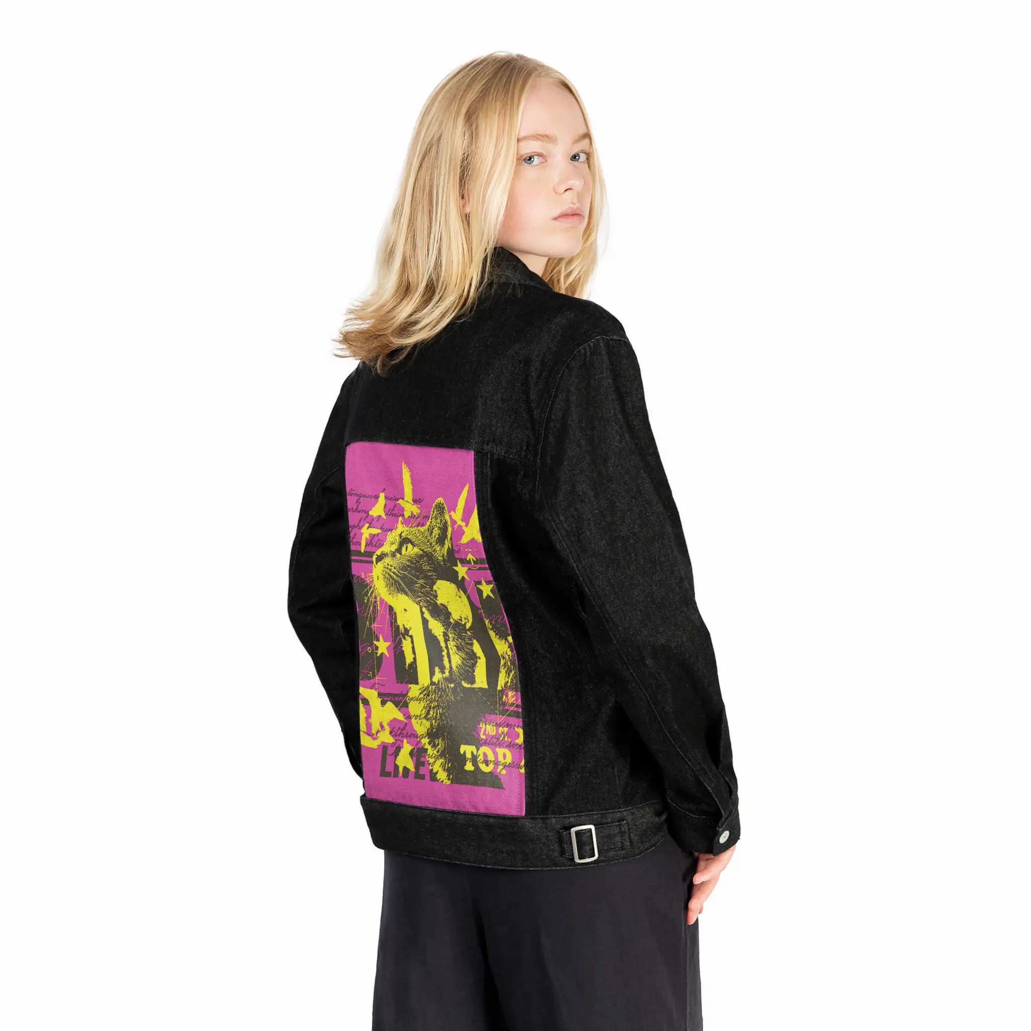 retrocat patch on female og denim jacket in raven