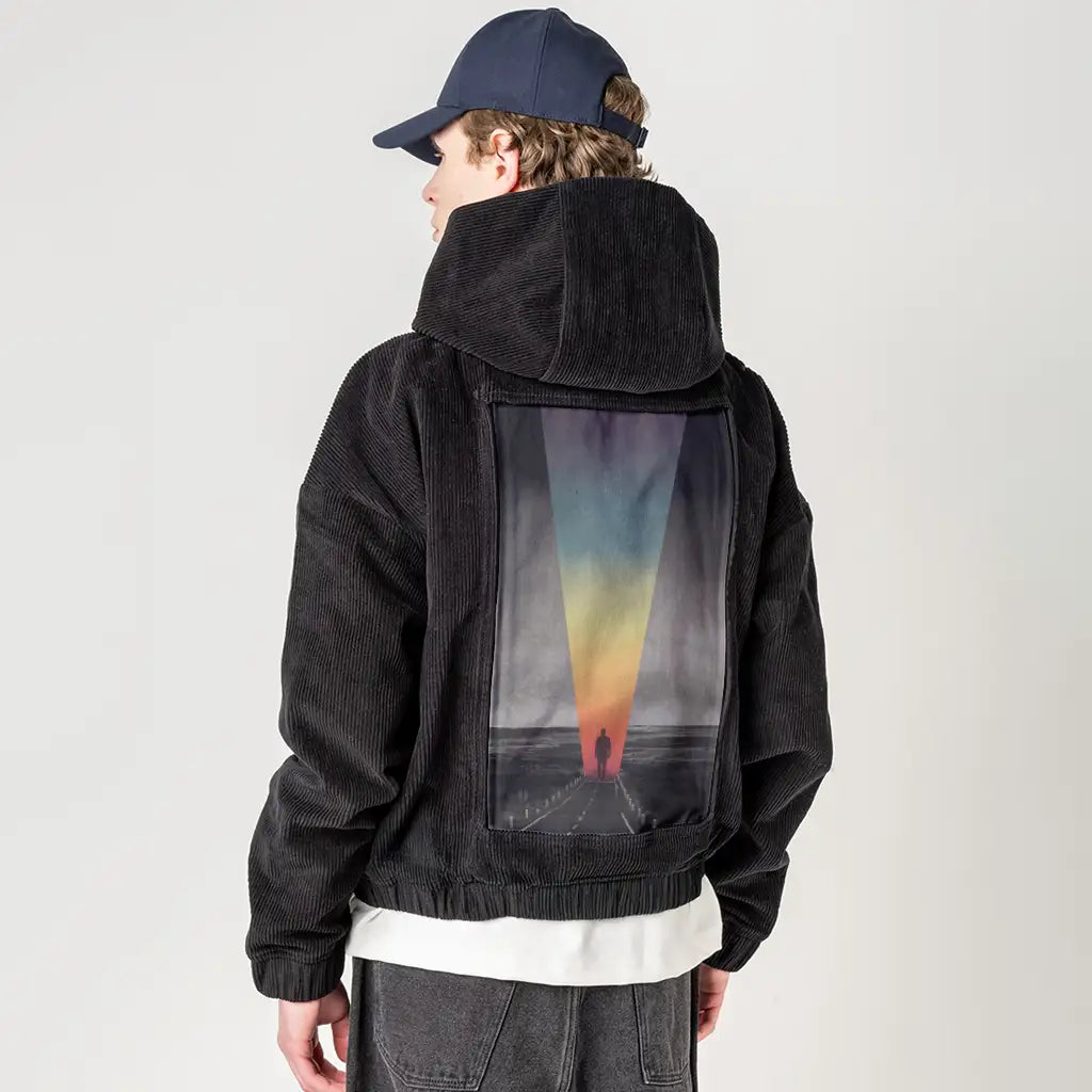 retrodays patch on male retro cord hoodie in onyx