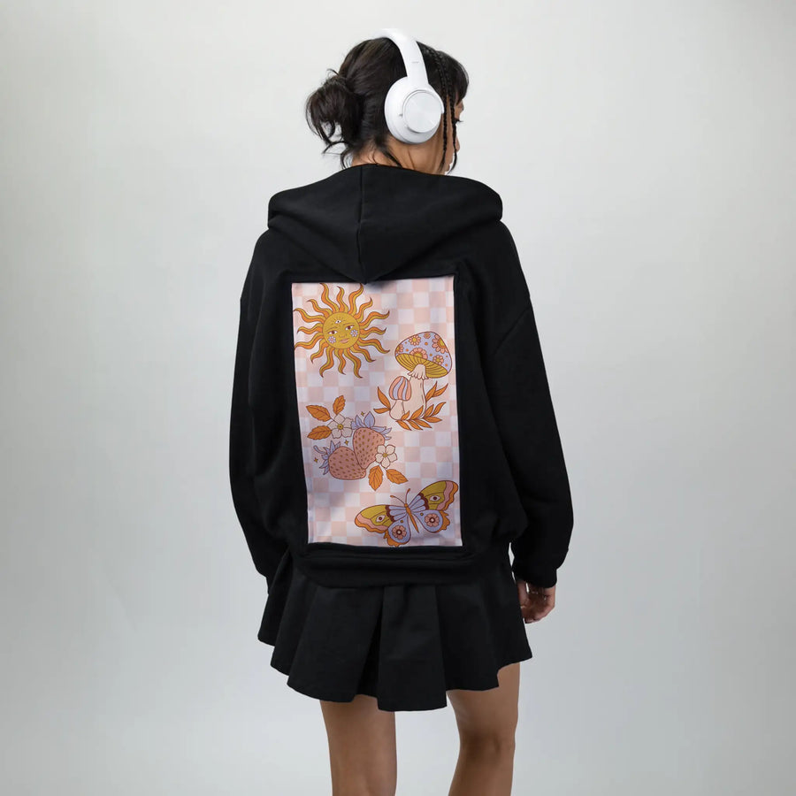 retrosunshine patch on female essential zip hoodie in after hours