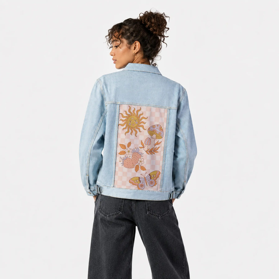 retrosunshine patch on female og denim jacket in oceanside