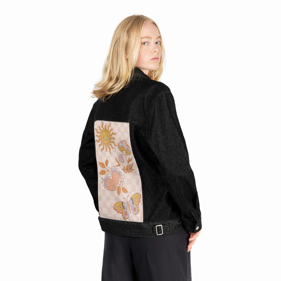 retrosunshine patch on female og denim jacket in raven